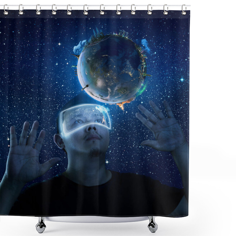 Personality  Man Using Virtual Reality Glasses Shower Curtains