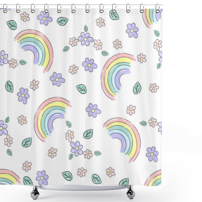 Personality  Hand Drawn Vector Seamless Pattern With Cute Rainbows And Spring Flowers Backgrounds For Kids, Baby Texture For Fabric Textile Wallpaper Apparel Wrapping. Vector Illustration Shower Curtains