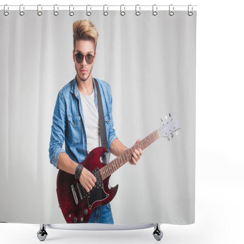 Personality  Blonde Guy Playing Electric Guitar While Posing For The Camera Shower Curtains