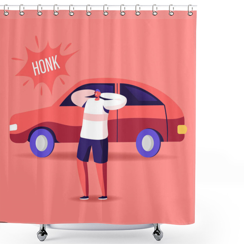 Personality  Male Character Cover Ears To Stop Hearing Car Honk, Loud Sounds And Tinnitus. Man Suffering Of Noise Pollution. Big City Dweller Social Problem Of Uproar And Din. Cartoon People Vector Illustration Shower Curtains