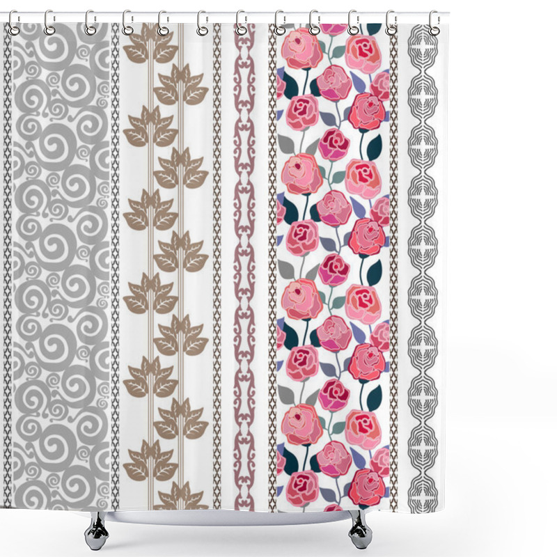 Personality  Set Of Bohemian Style Floral Borders. Scrolls Background, Leaves Stripe, Geometric Art Deco Ornaments, Rose Seamless Pattern.  Shower Curtains