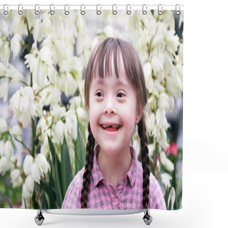 Personality  Portrait Of Beautiful Young Girl On Flowers Background. Shower Curtains