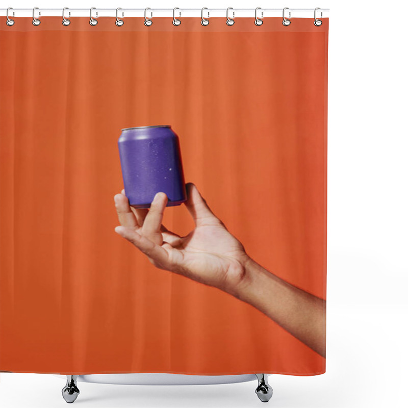 Personality  Cropped Shot Of Person Holding Purple Soda Can In Hand On Orange Background, Carbonated Drink Shower Curtains