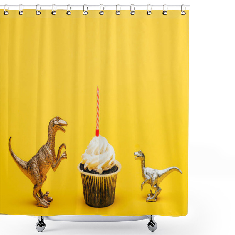 Personality  Toy Dinosaurs Beside Cupcake With Candle On Yellow Background Shower Curtains