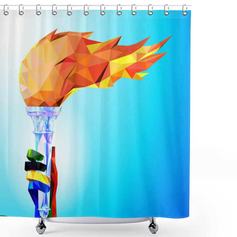 Personality  Torch, Flame.  A Hand From The Olympic Ribbons Holds The Cup With A Torch On A Blue Background In A Geometric Triangle Of XXIII Style Winter Games.  Shower Curtains