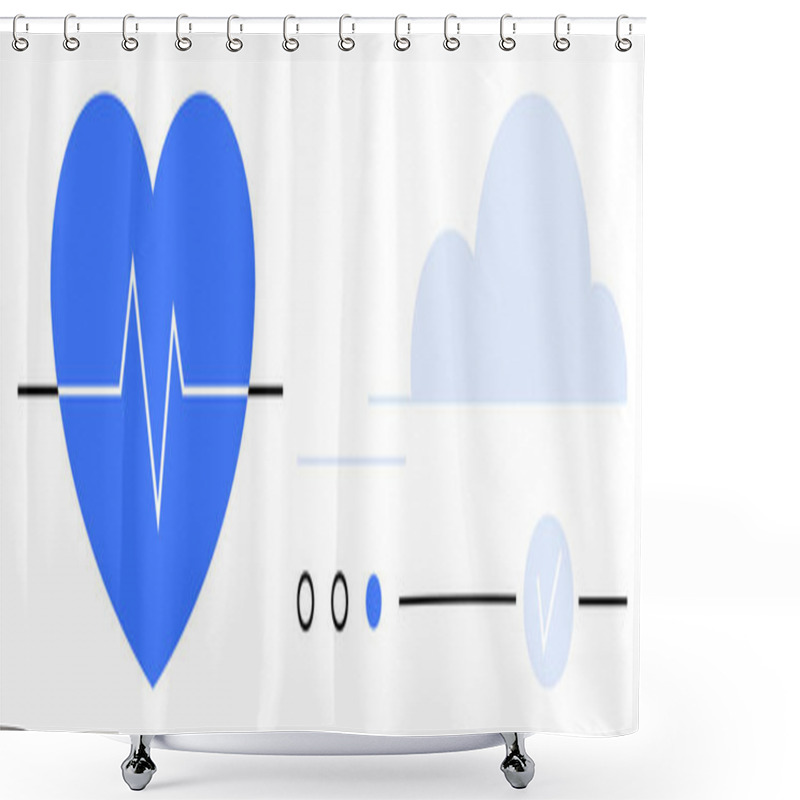 Personality  Blue Heart With Pulse Line, Cloud Icon, And Progress Bar With Nodes And Checkmark. Ideal For Healthcare, Technology, Fitness, Well-being, Medical Innovation, Cloud Computing And Data Visualization Shower Curtains