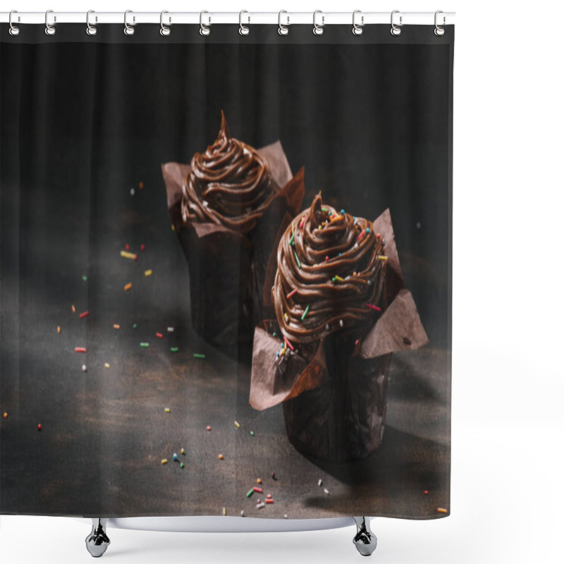 Personality  Yummy Chocolate Cupcakes With Buttercream Glaze And Sugar Spreading On Table Shower Curtains