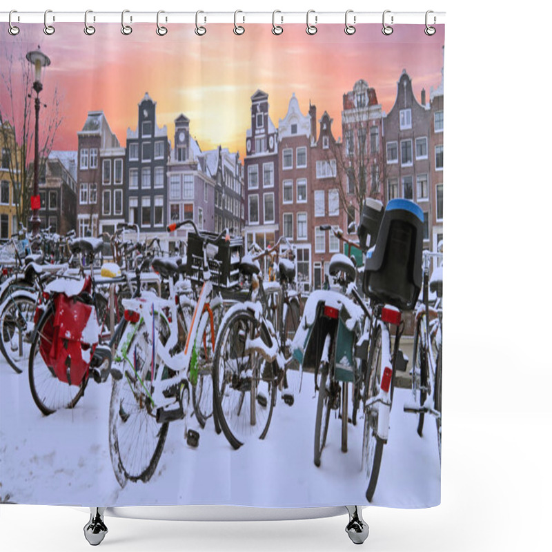 Personality  Snowy Bikes In Amsterdam The Netherlands At Sunset Shower Curtains