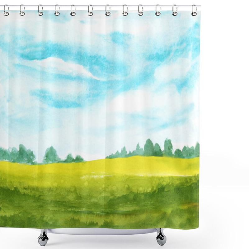 Personality  Watercolor Abstract Landscape With Clouds On Blue Sky And Green Grass. Hand Painted Background Shower Curtains