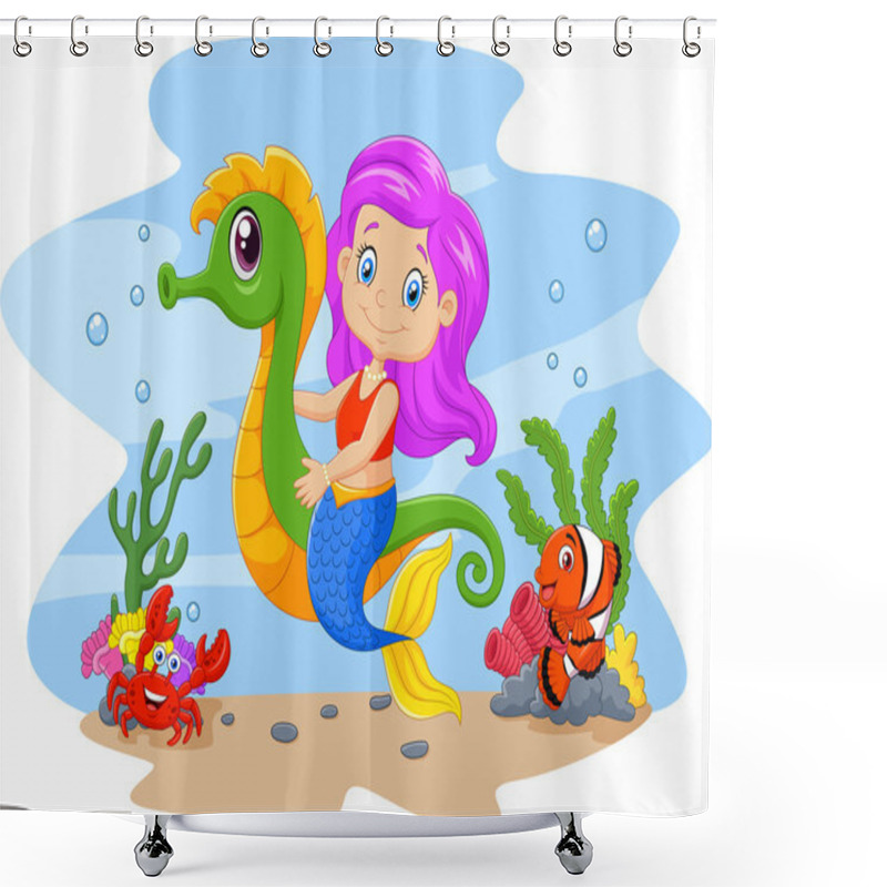 Personality  Cartoon Cute Mermaid Riding Seahorse Accompanied By Fish And Crab Shower Curtains