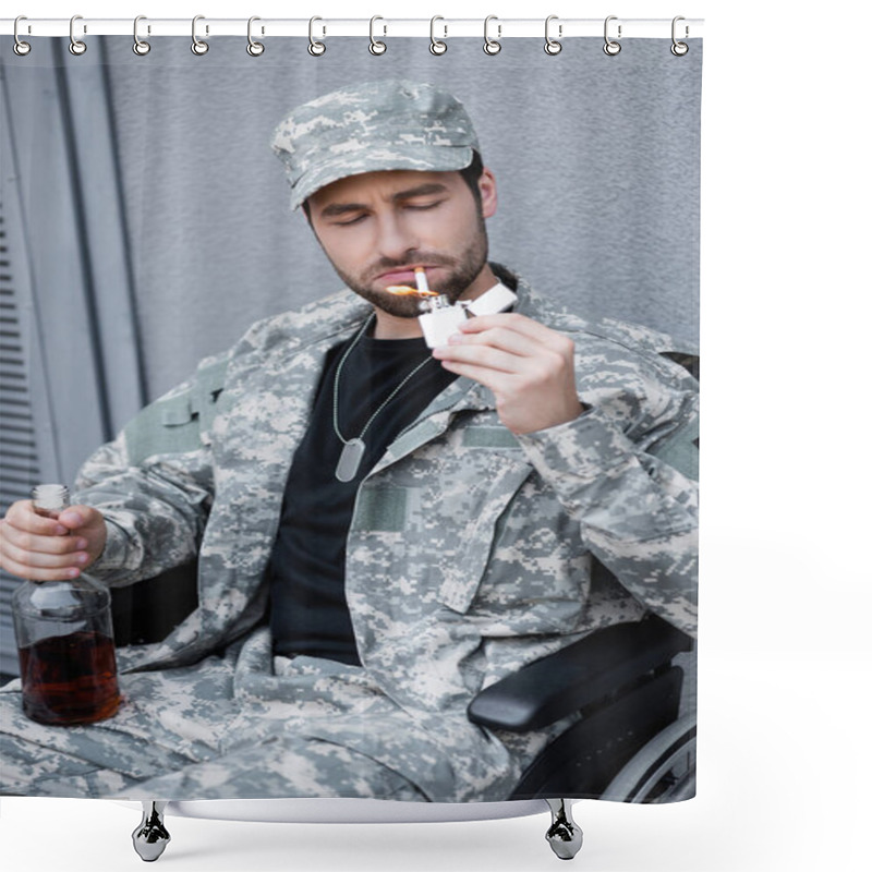 Personality  Young Disabled Soldier Lighting Cigarette While Holding Bottle Of Alcohol Outdoors Shower Curtains