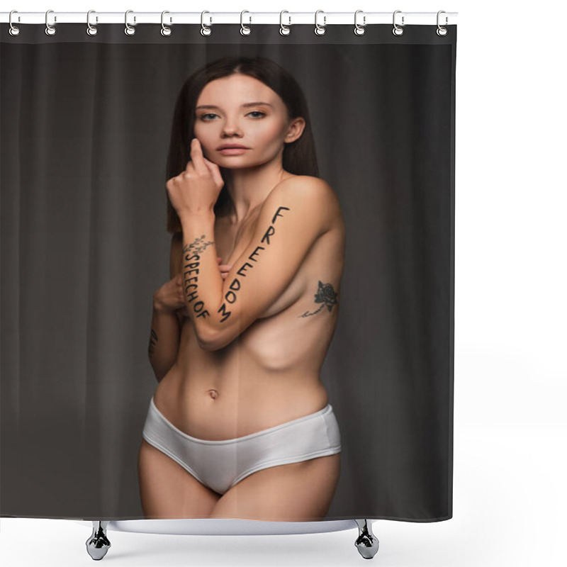 Personality  Slim Woman With Tattoo And Freedom Of Speech Lettering On Body Isolated On Dark Grey Shower Curtains