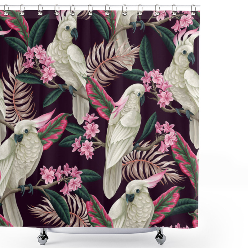 Personality  Seamless Pattern With Cockatoo, Tropical Leaves And Flowers. Vector Shower Curtains