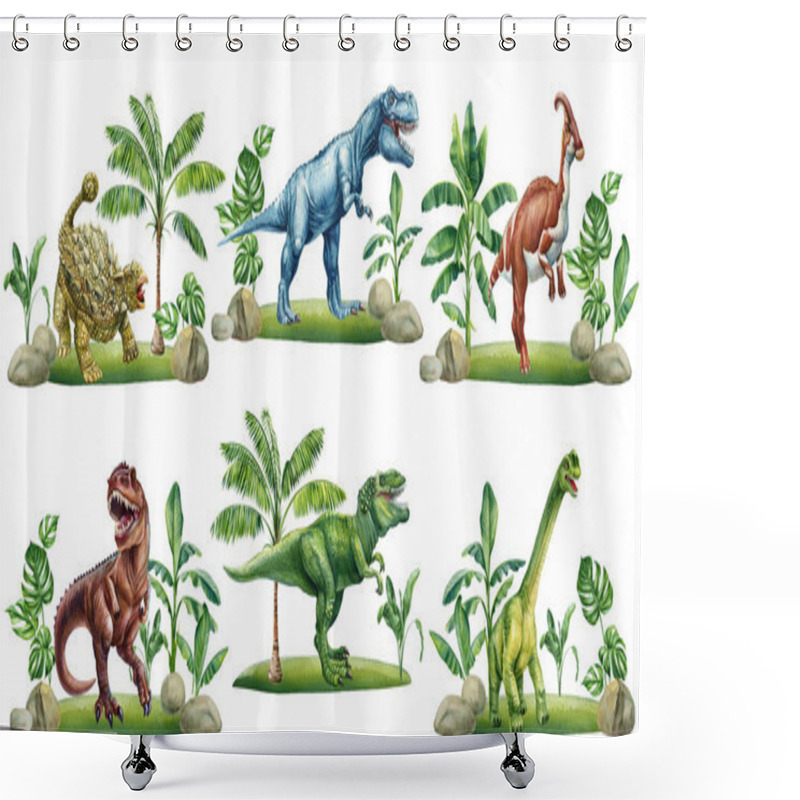 Personality  Watercolor Dinosaur Isolated Background, Prehistoric Landscape, Plant, Palm. Hand Drawn Dino Clipart, Ancient Animals. High Quality Illustration Shower Curtains