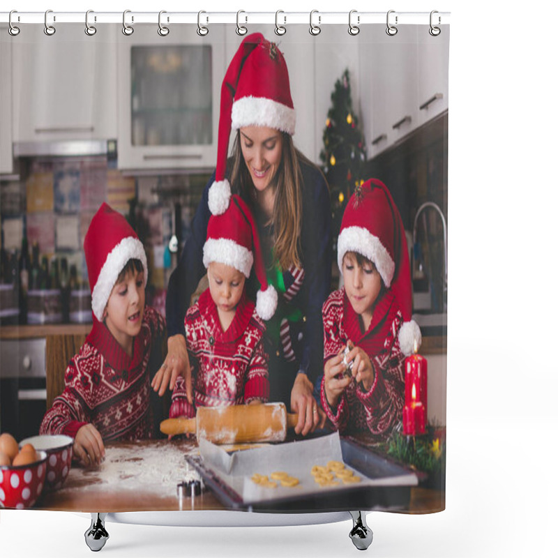 Personality  Sweet Toddler Child And His Older Brother, Boys, Helping Mommy Preparing Christmas Cookies At Home In Kitchen Shower Curtains