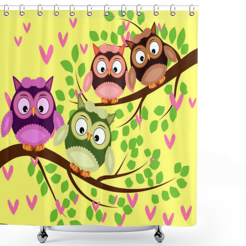 Personality  Bright Cute Cartoon Owls Sit On The Flowering Branches Of Fantastic Trees Shower Curtains