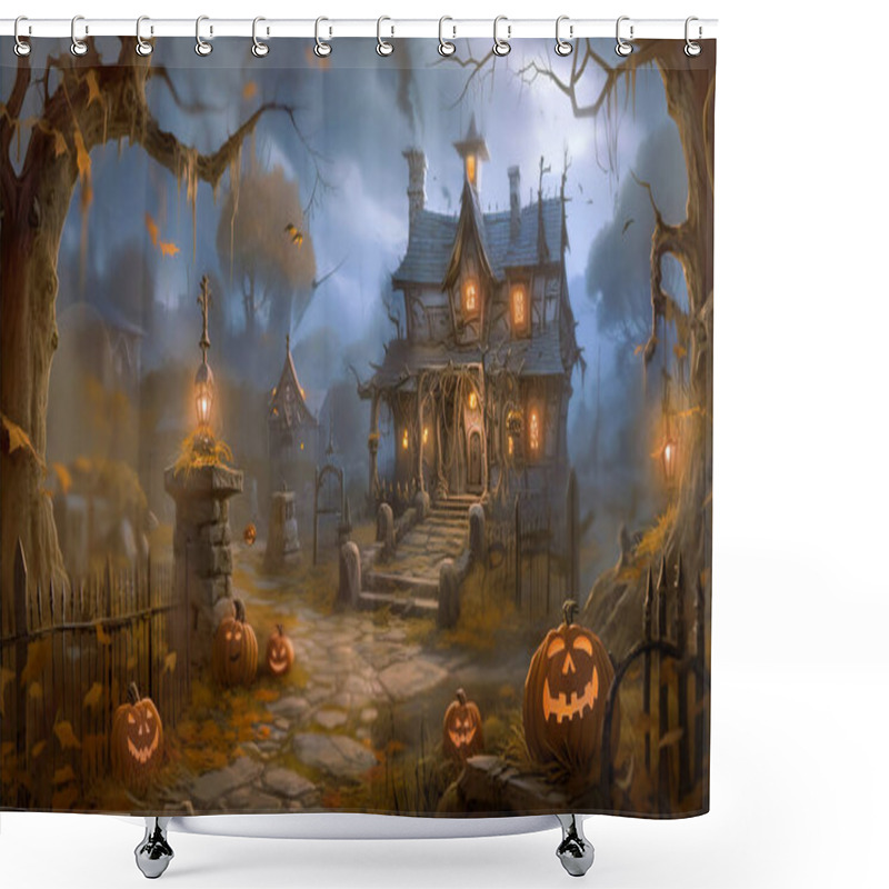 Personality  Concept Art Of A Scary Night On Halloween , Halloween Backgrond Generative AI . Shower Curtains