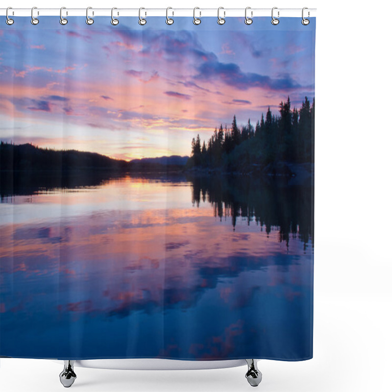 Personality  Reflection Of Sunset Sky On Calm Surface Of Pond Shower Curtains