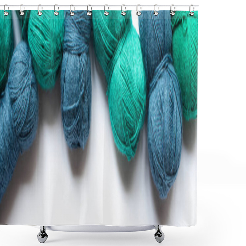 Personality  Top View Of Blue And Green Wool Yarn On White Background, Panoramic Orientation Shower Curtains