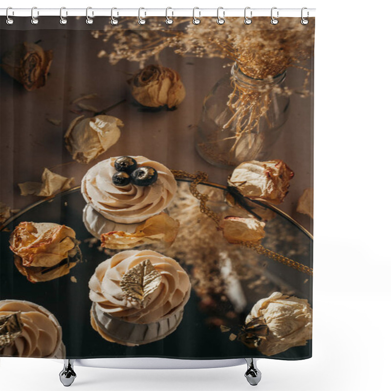 Personality  Blueberry Cupcakes In The Setting Rays Of The Sun, Hard Light And Shadows, Dried Flowers Shower Curtains