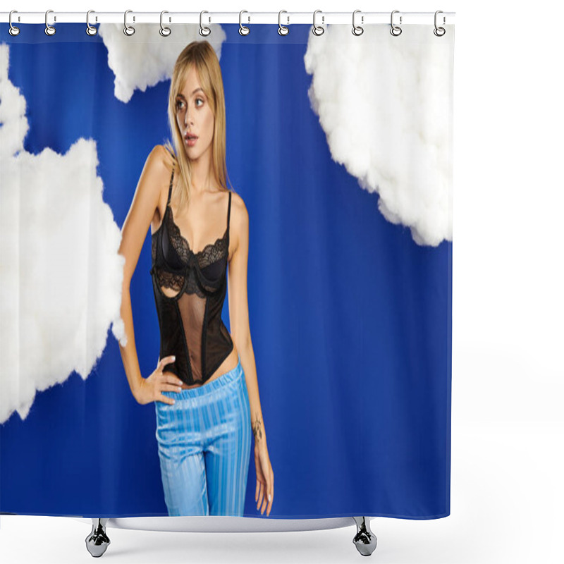 Personality  Blonde Woman In Lingerie Strikes A Captivating Pose Against The Backdrop Of Fluffy Clouds And Blue Sky. Shower Curtains