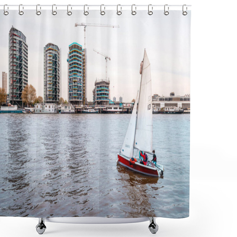 Personality  London, UK - April 17 2014: A Sailboat On The River Thames. Nine Elms Is In The Background With Residential Developments Along The Riverside.  Shower Curtains