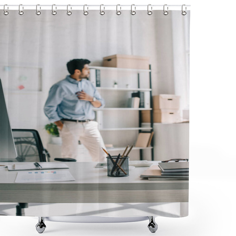 Personality  Pensive Architect Looking Away With Pencils In Pen Holder On Foreground In Office Shower Curtains