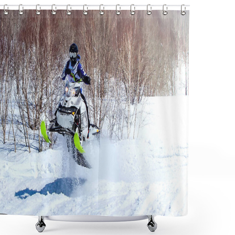 Personality  Snowmobile In High Jump Above Track. Selective Focus Shower Curtains