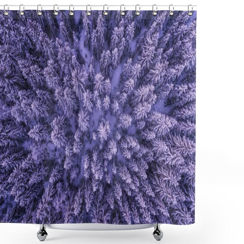 Personality  Aerial View Of Snowy Forest, Showcasing A Breathtaking Winter Landscape. Shower Curtains