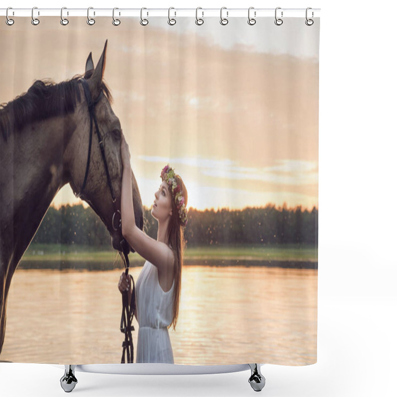 Personality  Pretty Blond Girl Stroking A Horse Shower Curtains