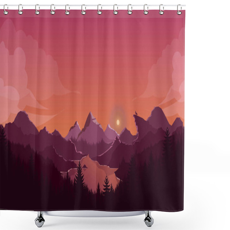 Personality  Sunset Mountains Landscape Background, Orange Sky With Wolf Silhouette Shower Curtains