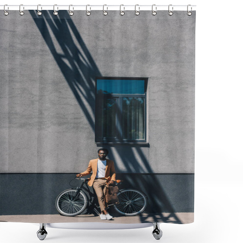 Personality  Stylish African American Businessman Standing With Bicycle By Wall Under Window Shower Curtains