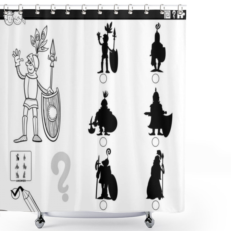 Personality  Black And White Cartoon Illustration Of Finding The Right Picture To The Shadow Educational Task For Children With Knight Character Coloring Book Page Shower Curtains