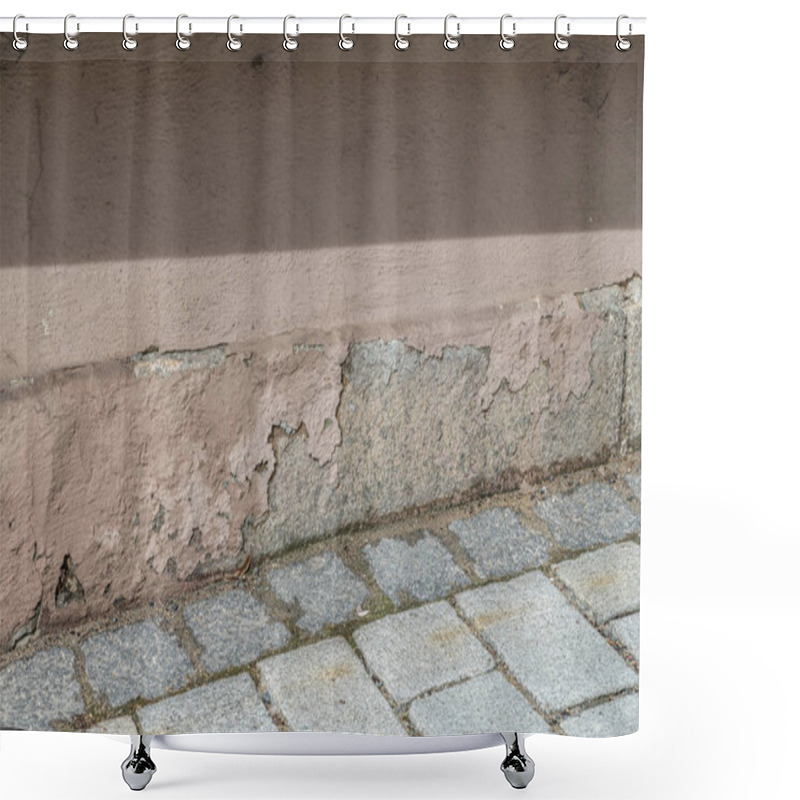 Personality  A Damaged House Wall And Flaked Exterior Plaster With A Large Hole, Germany Shower Curtains