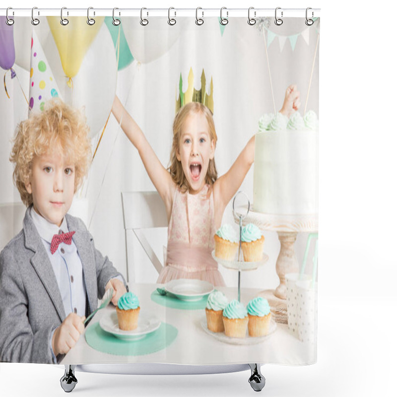 Personality  Children Sitting At Birthday Table  Shower Curtains