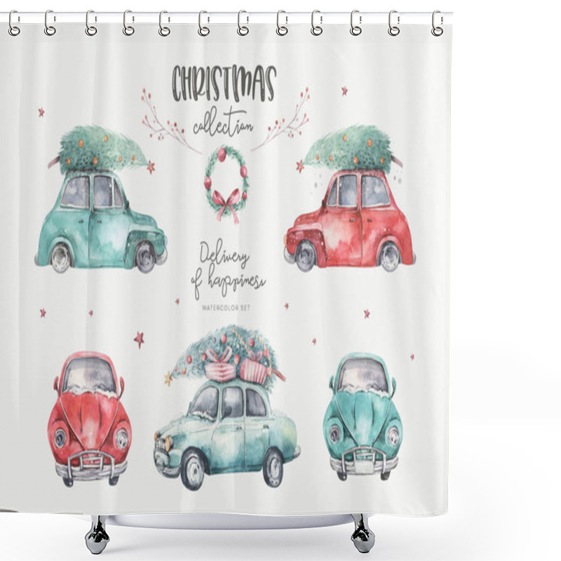 Personality  Watercolor Christmas Holiday Card Transportation Illustration. Merry Xmas Winter Tree Design. New Year Retro Vintage Cars Shower Curtains