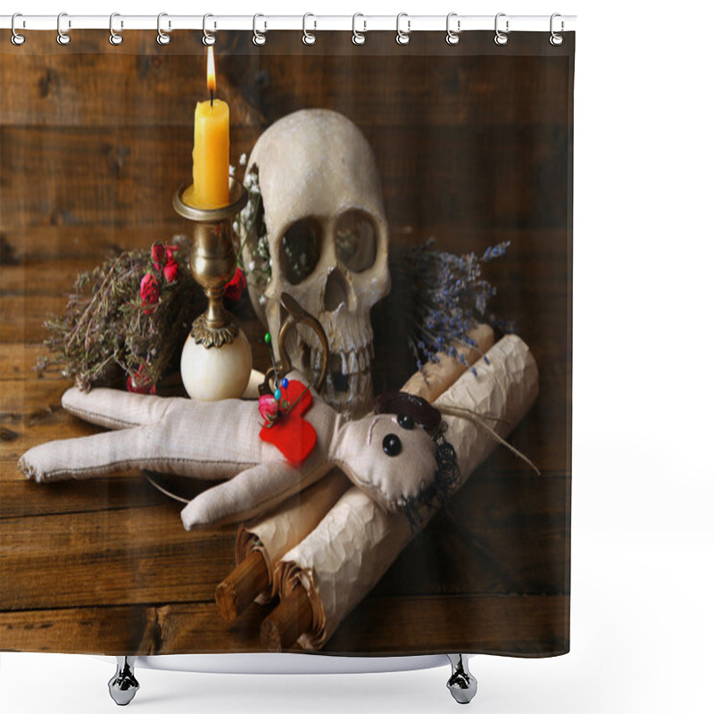 Personality  Conceptual Photo Of Love Magic. Composition With Skull, Voodoo Doll, Dried Herbs And Candle On  Dark Wooden Background Shower Curtains