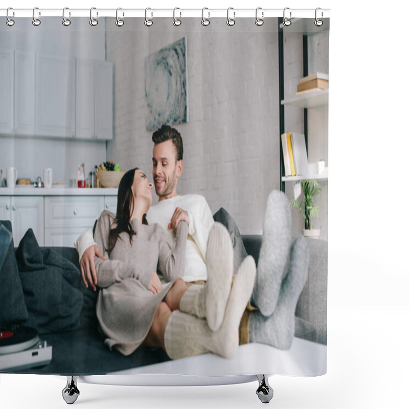 Personality  Happy Couple In Woolen Socks Relaxing On Couch At Home Shower Curtains