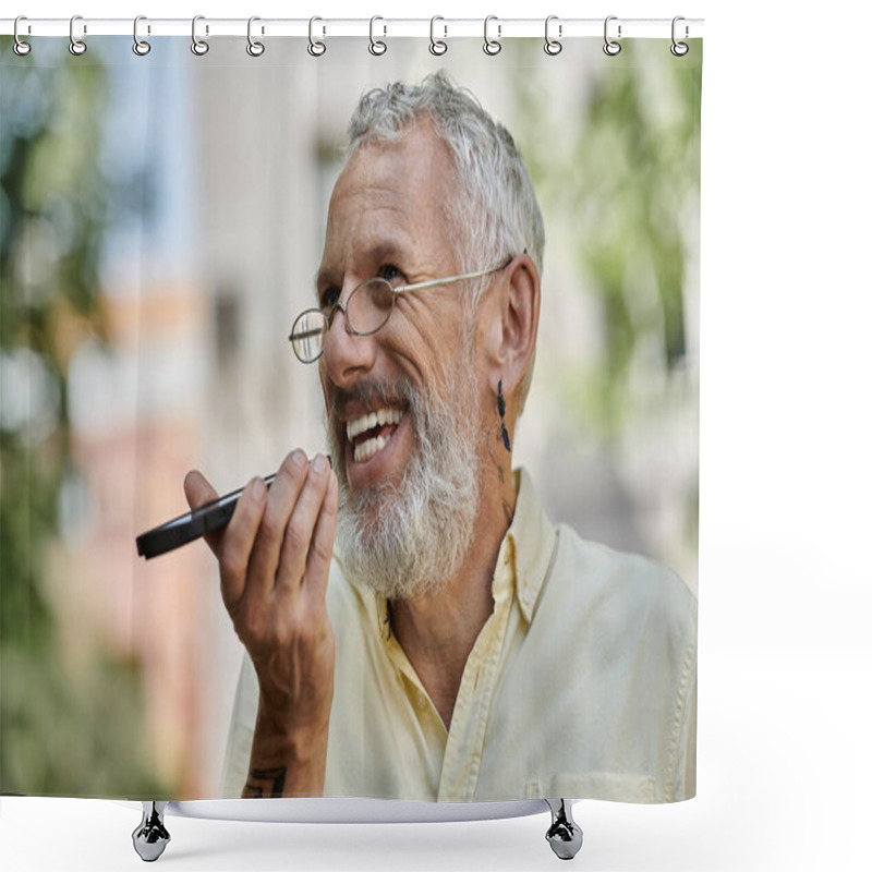 Personality  A Joyful Man, Sporting A Beard And Glasses, Enjoys A Sunny Afternoon Outdoors, Laughing While Using His Phone. Shower Curtains