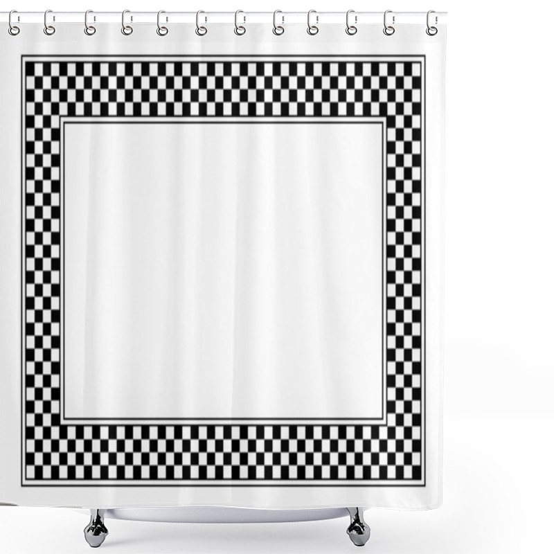 Personality  Checkerboard Pattern, Rectangle Frame. A Checkered Pattern Frame, Made Of A Checkerboard Diagram Consisting Of Black And White Alternating Squares, Framed With Lines. Illustration Over White. Vector. Shower Curtains