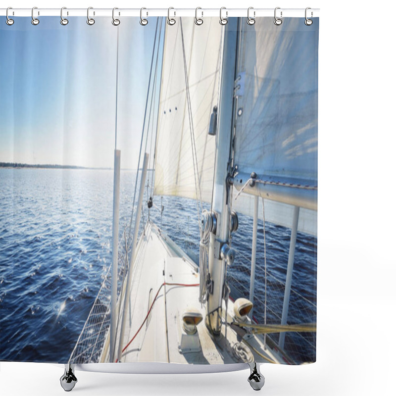 Personality  View Forward From A Sailboat, Tilted By The Wind Shower Curtains