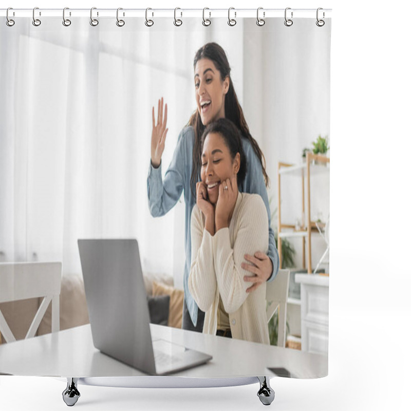 Personality  Happy Lesbian Woman Waving Hand During Video Call Near Multiracial Girlfriend With Engagement Ring On Finger Shower Curtains