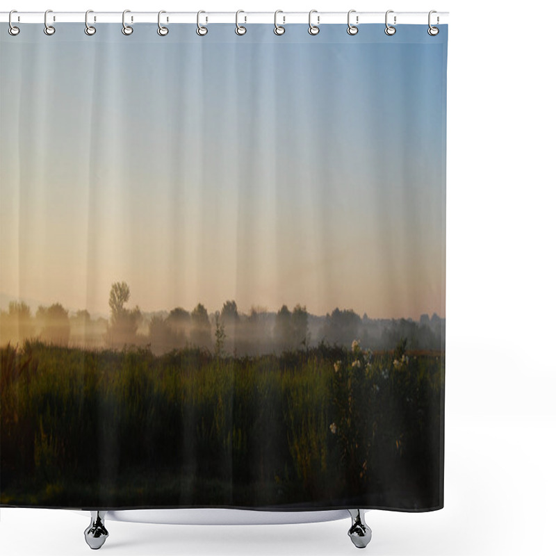 Personality  Fog In Beams Of A Rising Sun Above A Field At A Roadside Shower Curtains