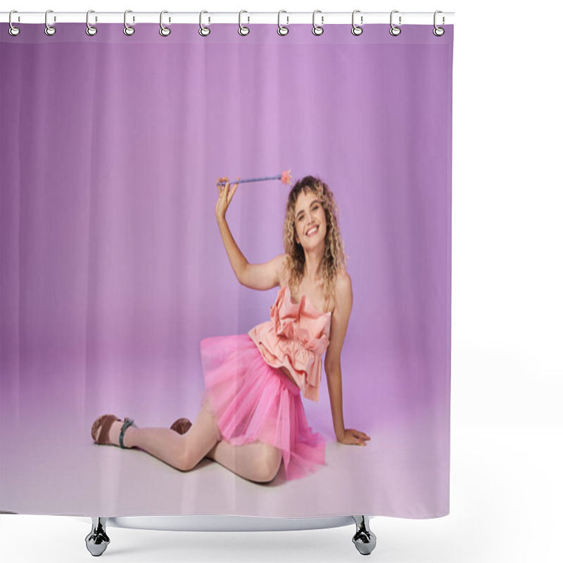 Personality  Lovely Joyful Woman In Pink Attire With Magic Wand Posing On Pink Backdrop, Tooth Fairy Concept Shower Curtains