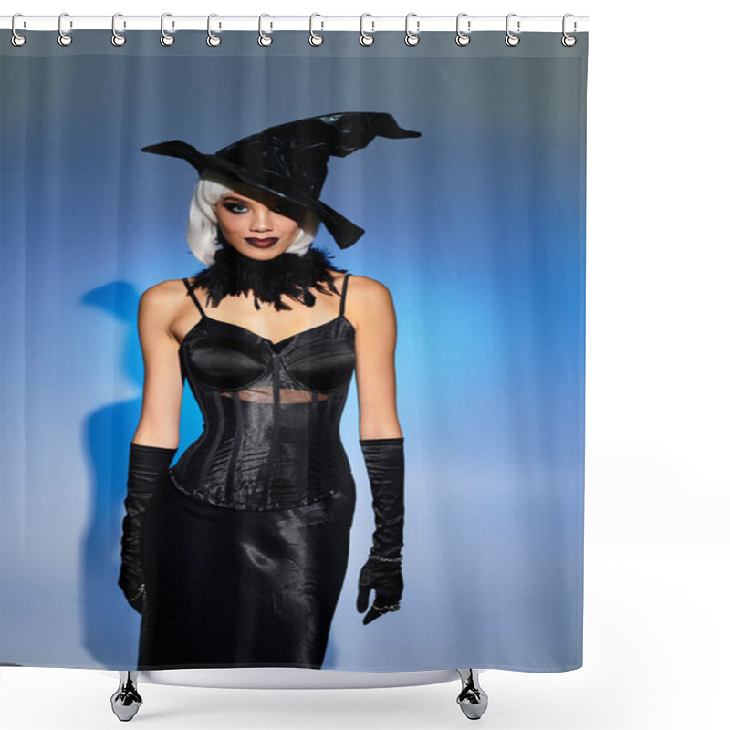 Personality  A Beautiful Young Woman Showcases Her Halloween Witch Costume With Confidence And Style. Shower Curtains