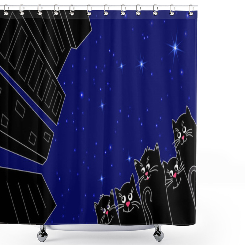 Personality  A Pack Of Cute Black Cats In The City. City Against The Starry Night Sky. Shower Curtains