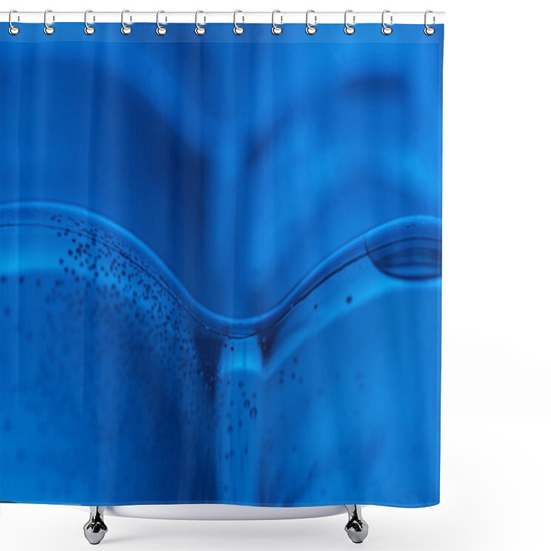 Personality  Close Up Of Plastic Water Bottle With Bubbles And Copy Space On Blue Background  Shower Curtains