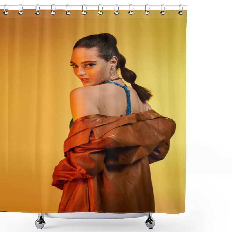 Personality  This Stunning Young Woman Poses Confidently In Fashionable Attire Against A Vibrant Backdrop. Shower Curtains