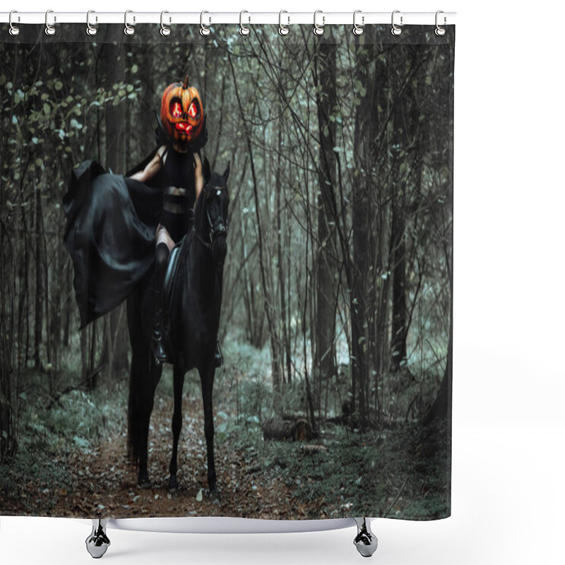 Personality  The Rider Is Sitting Astride A Horse. A Girl In A Long Black Raincoat With A Pumpkin Mask With Burning Eyes. Creepy Cosplay Shooting For Halloween In The Autumn Forest. A Cloak Fluttering In The Wind Shower Curtains