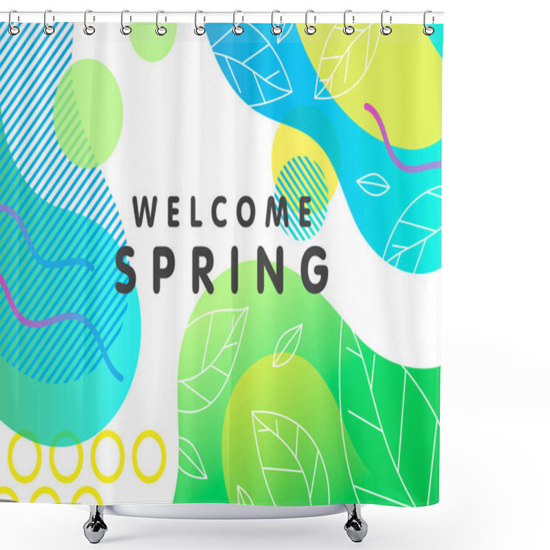 Personality  Trendy Spring Card With Bright Gradient Background,tiny Leaves,fluid Shapes And Geometric Elements In Memphis Style.Bright Abstract Layout Perfect For Prints,flyers,banners,invitations,covers And More Shower Curtains